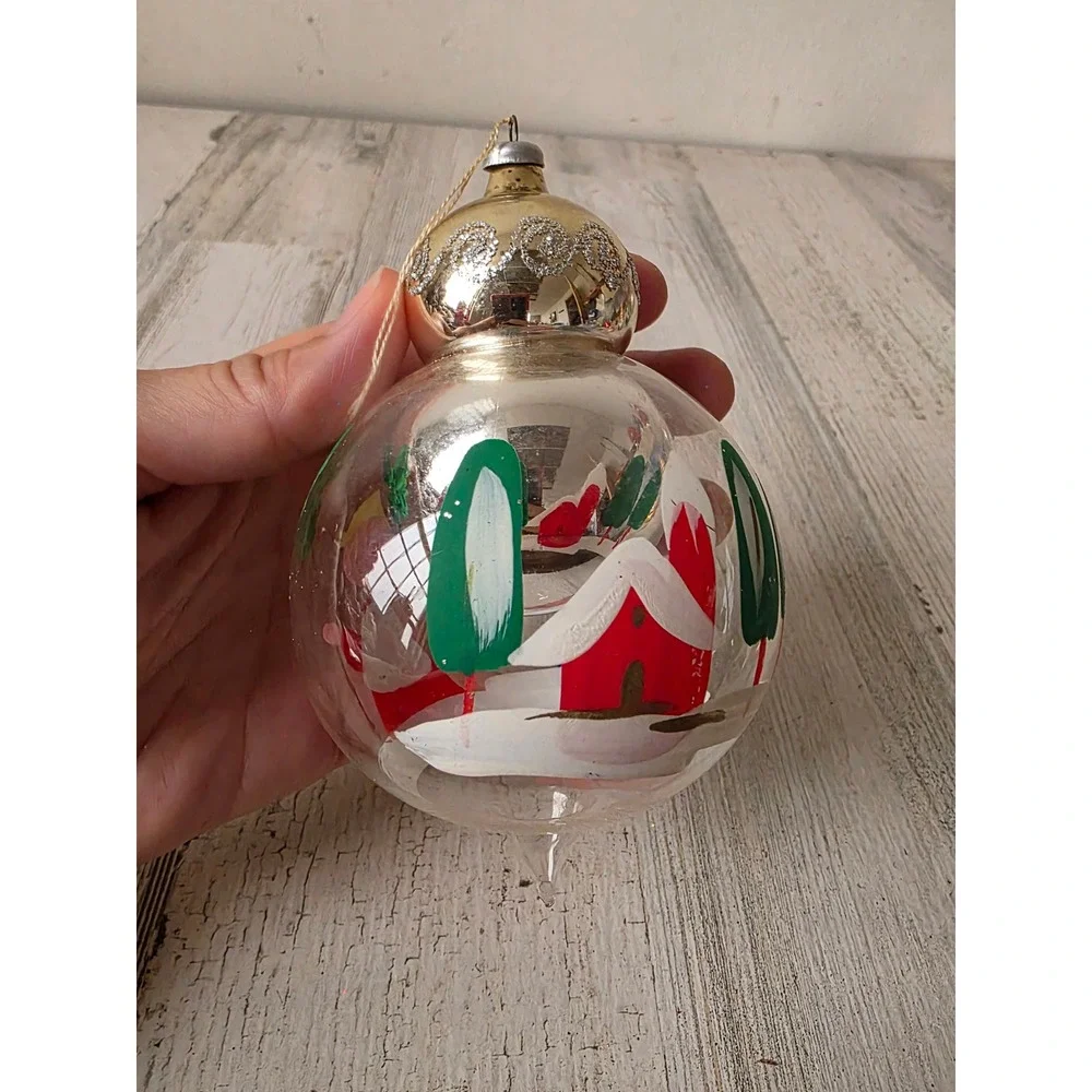 Vintage Italian reflector Nativity house glass dome ornament teardrop tree Xmas